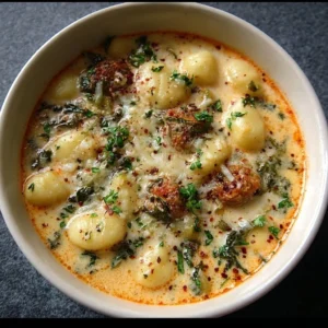 Bowl of creamy garlic gnocchi soup with fresh herbs and garlic cloves