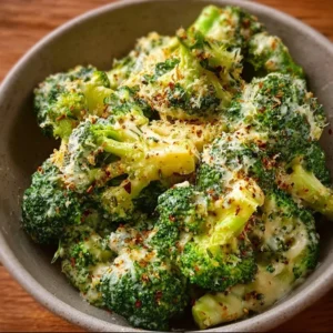 Creamy Garlic Parmesan Broccoli 3 Creamy Garlic Parmesan Broccoli dish garnished with parmesan cheese