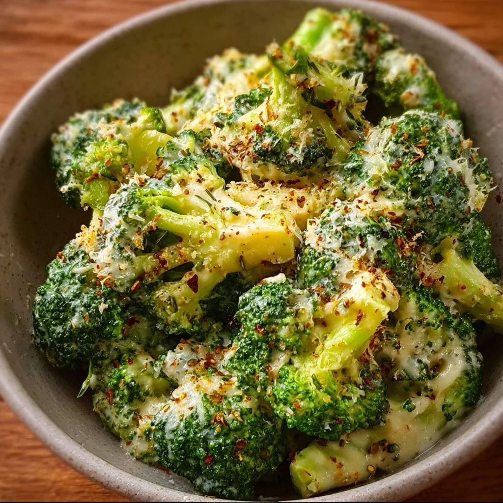 Creamy Garlic Parmesan Broccoli dish garnished with parmesan cheese