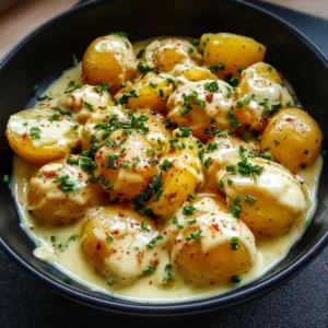 Creamy Garlic Sauce Baby Potatoes 3 Creamy garlic sauce baby potatoes served in a dish.