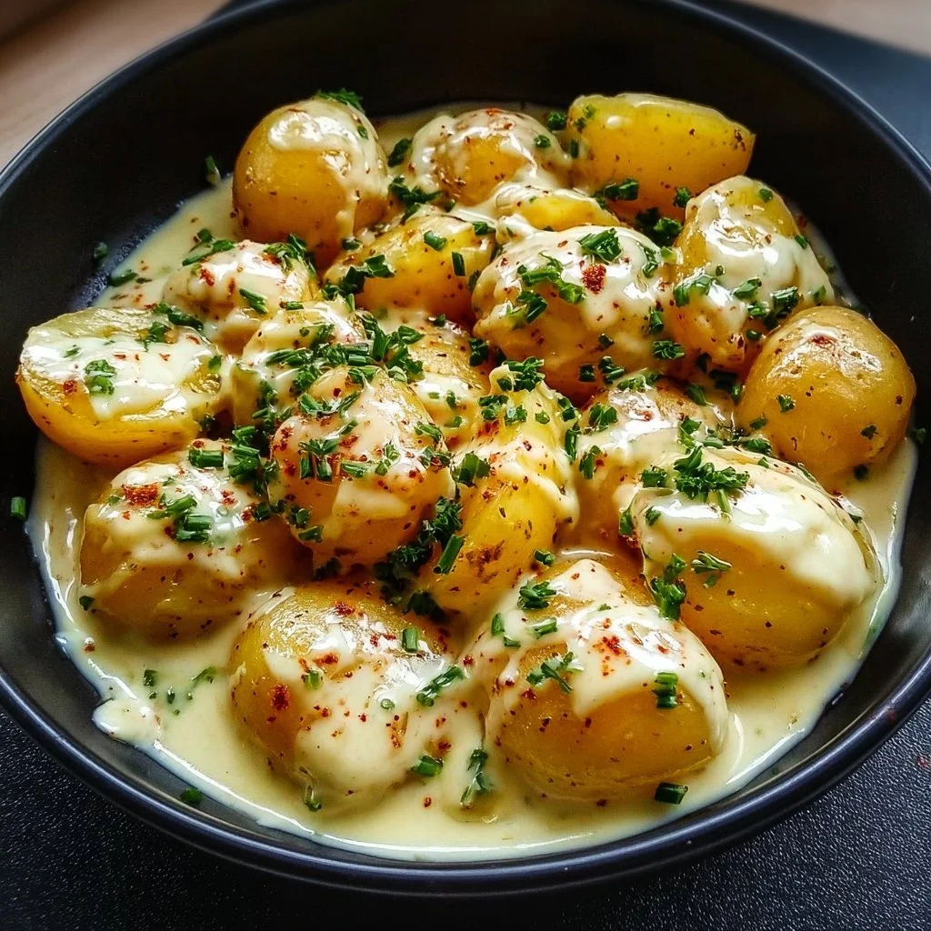 Creamy garlic sauce baby potatoes served in a dish.