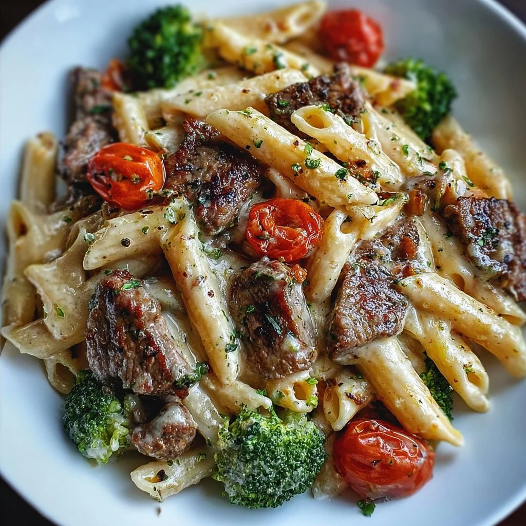 Creamy garlic steak penne with broccoli and cherry tomatoes served in a bowl.