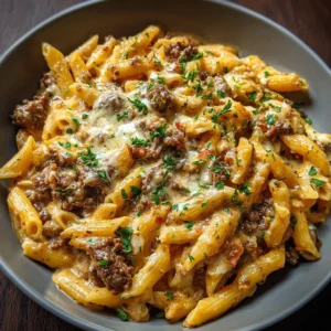 Creamy high protein beef pasta dish served in a bowl with herbs