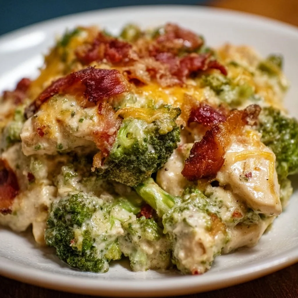 Creamy low carb chicken casserole with broccoli and bacon served in a dish