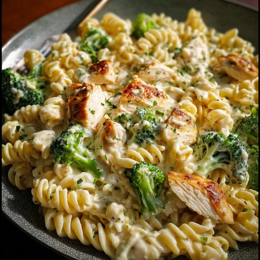 Creamy rotisserie chicken broccoli pasta dish served in a bowl