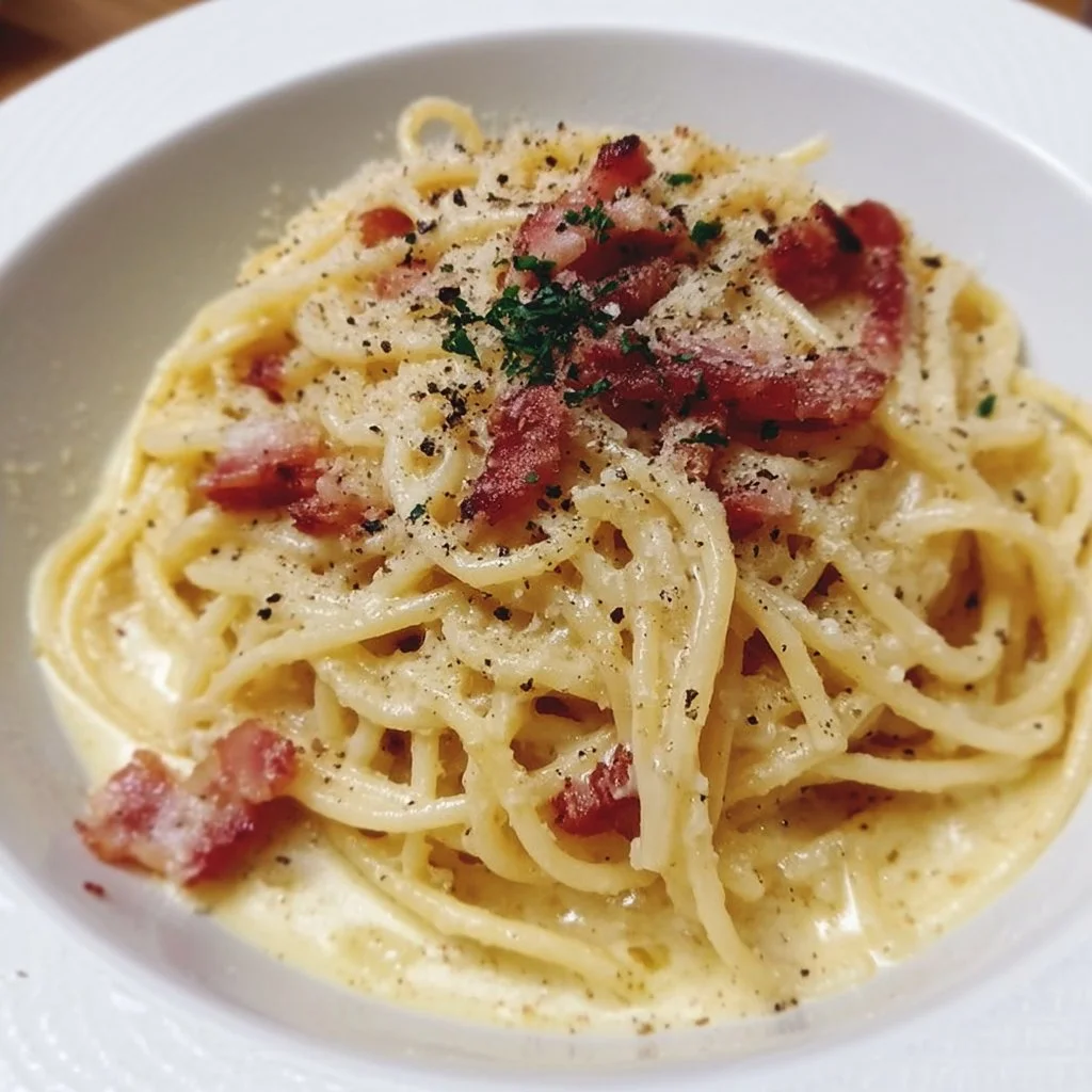 Creamy Spaghetti Carbonara 1 Delicious creamy spaghetti carbonara topped with grated cheese and pepper