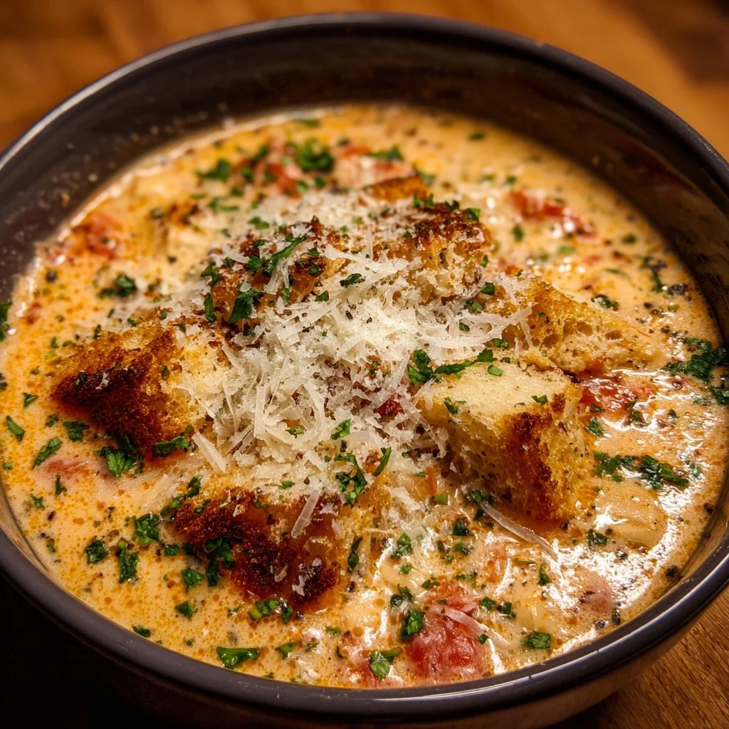 Crock Pot Creamy Chicken Parmesan Soup in a bowl with fresh herbs and cheese