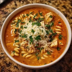 Delicious bowl of Crockpot Chicken Parmesan Soup with cheese and herbs
