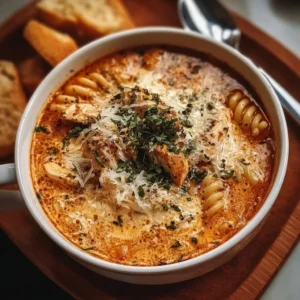 Crockpot Chicken Parmesan Soup in a bowl garnished with parsley