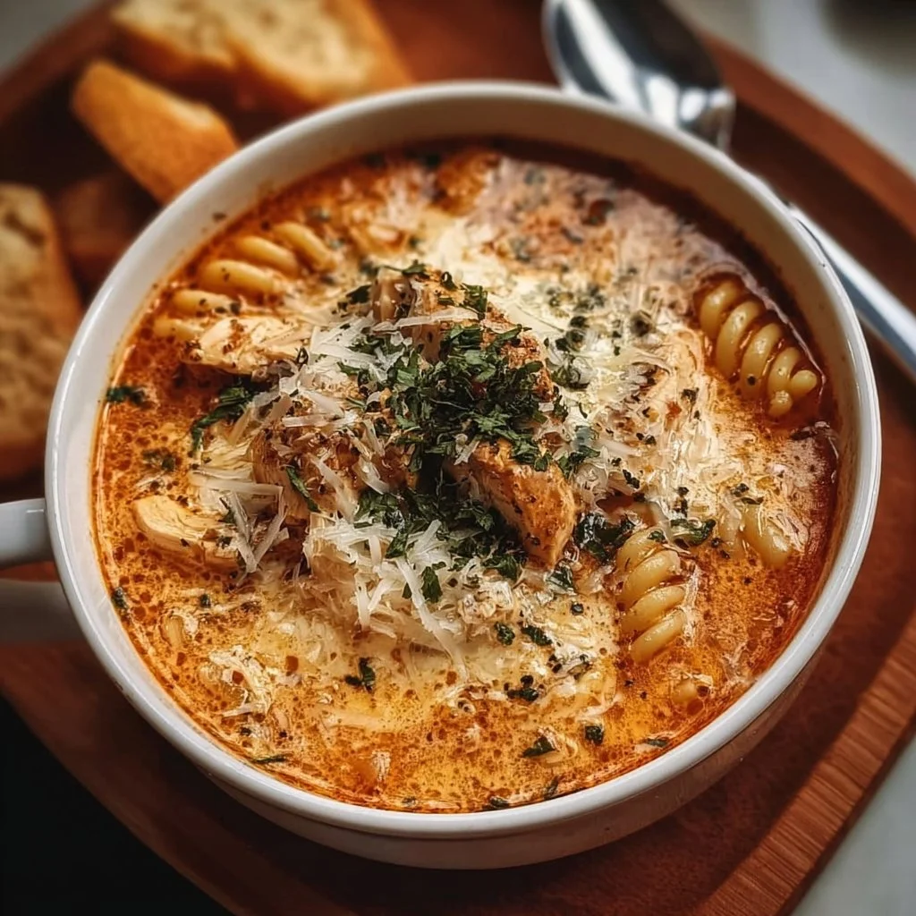 Crockpot Chicken Parmesan Soup in a bowl garnished with parsley