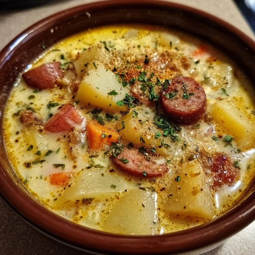 Crockpot Potato Soup with Sausage 1 Crockpot potato soup with sausage in a white bowl, garnished with green onions