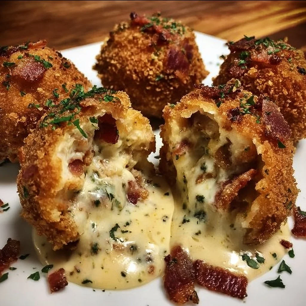 Deep-Fried Bacon Chicken Alfredo Wrath Bombs served on a plate