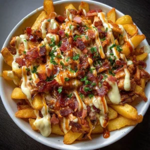 Delicious Dirty Chicken and Bacon Loaded Fries topped with cheese and toppings