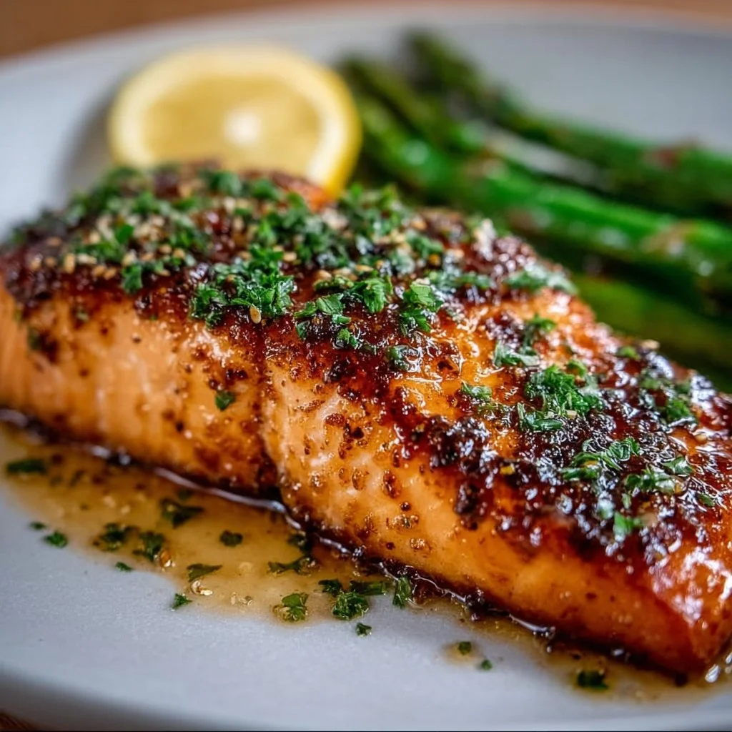 Easy 25-Minute Honey Garlic Butter Baked Salmon 1 Honey garlic butter salmon fillet baked to perfection with a golden glaze