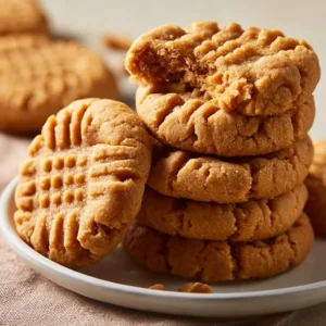 Three ingredient peanut butter cookies on a plate with a glass of milk