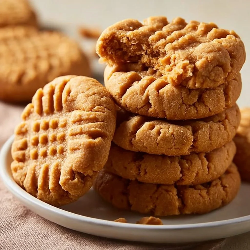 Three ingredient peanut butter cookies on a plate with a glass of milk