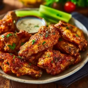 Extra crispy air fryer chicken wings served with dipping sauce