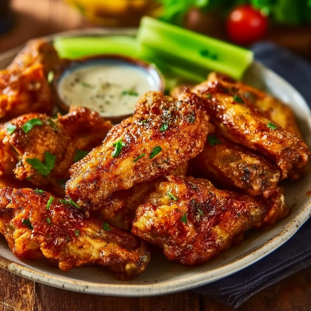 Extra crispy air fryer chicken wings served with dipping sauce
