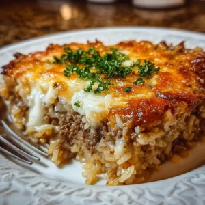 Delicious French onion casserole with ground beef and rice served in a dish
