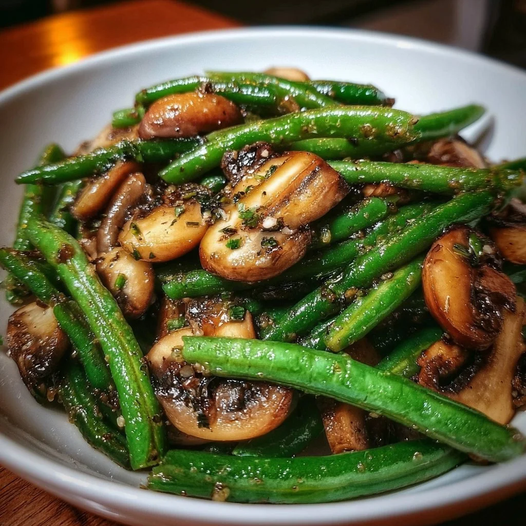 Garlic butter sautéed green beans and mushrooms served on a plate