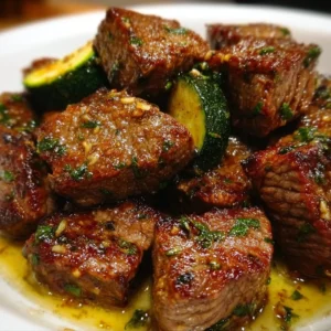 Garlic butter steak bites served on a plate with fresh herbs