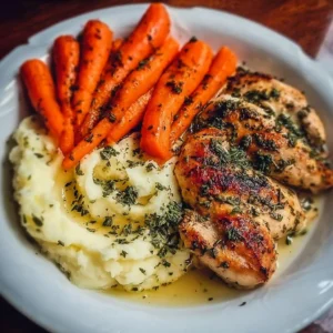 Garlic Herb Chicken with mashed potatoes and glazed carrots on a plate