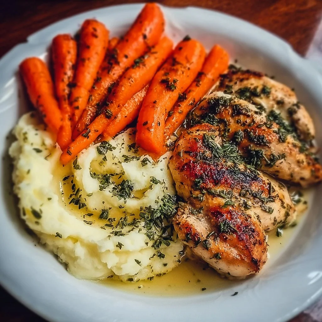 Garlic Herb Chicken with mashed potatoes and glazed carrots on a plate