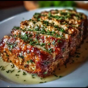 Delicious Garlic Parmesan Chicken Meatloaf served with garnish