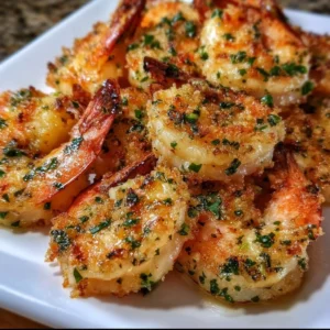 Plate of Garlic Parmesan Roasted Shrimp garnished with herbs and lemon slices