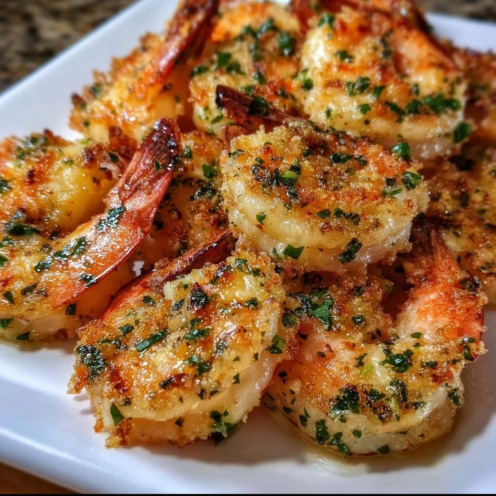 Plate of Garlic Parmesan Roasted Shrimp garnished with herbs and lemon slices