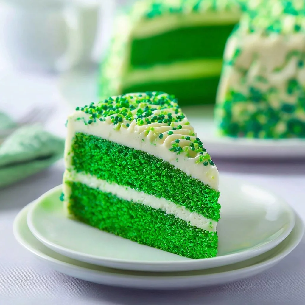 Slice of Green Velvet Cake with cream cheese frosting on a white plate