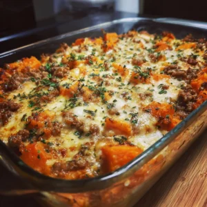 Ground Turkey Sweet Potato Bake served in a dish, garnished with herbs.