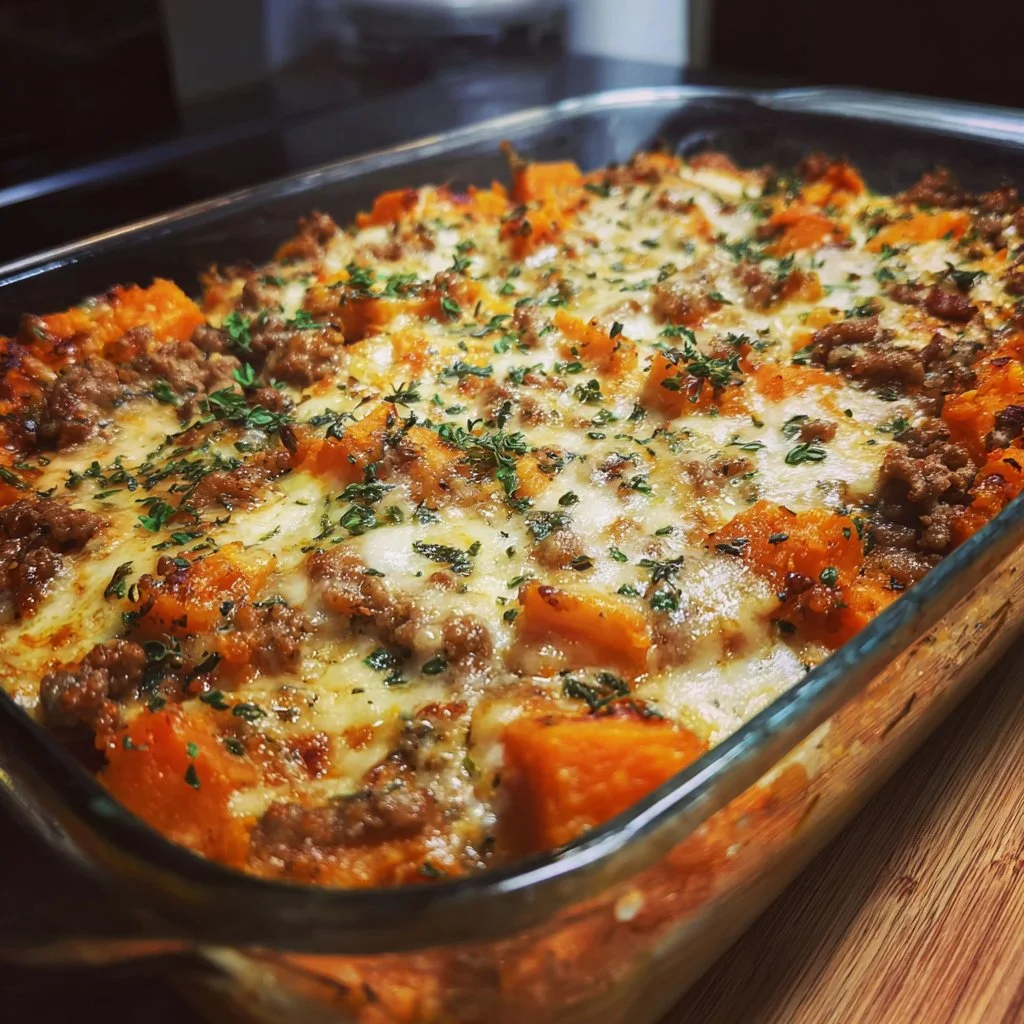 Ground Turkey Sweet Potato Bake served in a dish, garnished with herbs.