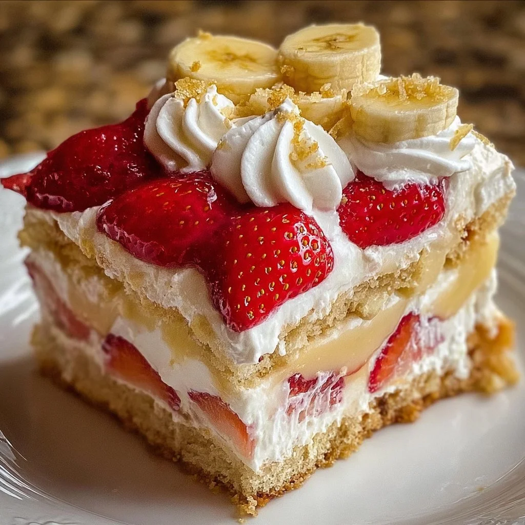 Half strawberry shortcake and half banana pudding cake on a serving plate.