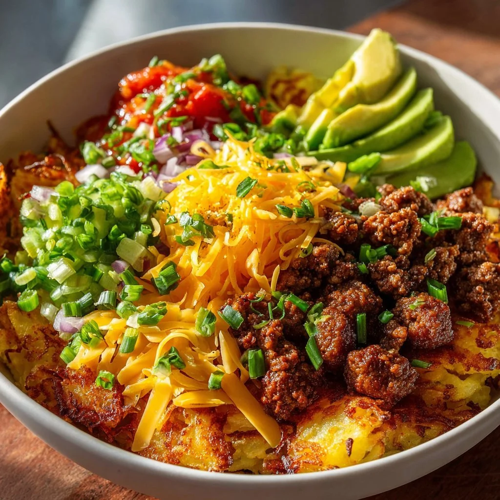 Delicious hash brown breakfast bowl with fresh toppings