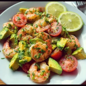 Healthy Shrimp Avocado Salad 3 Healthy shrimp avocado salad with fresh ingredients in a bowl