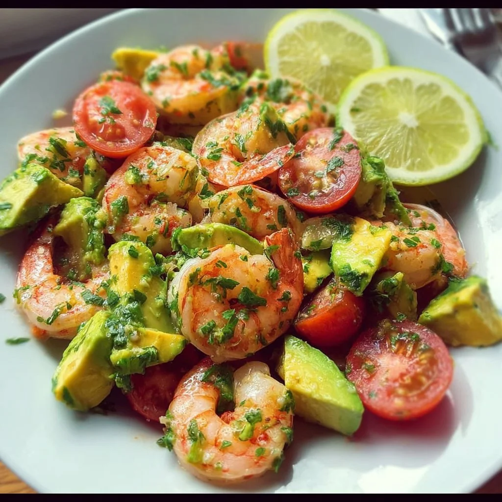 Healthy Shrimp Avocado Salad 1 Healthy shrimp avocado salad with fresh ingredients in a bowl