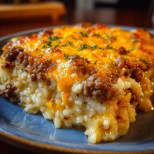 Hearty Hamburger Rice Casserole served in a warm dish with cheese and vegetables