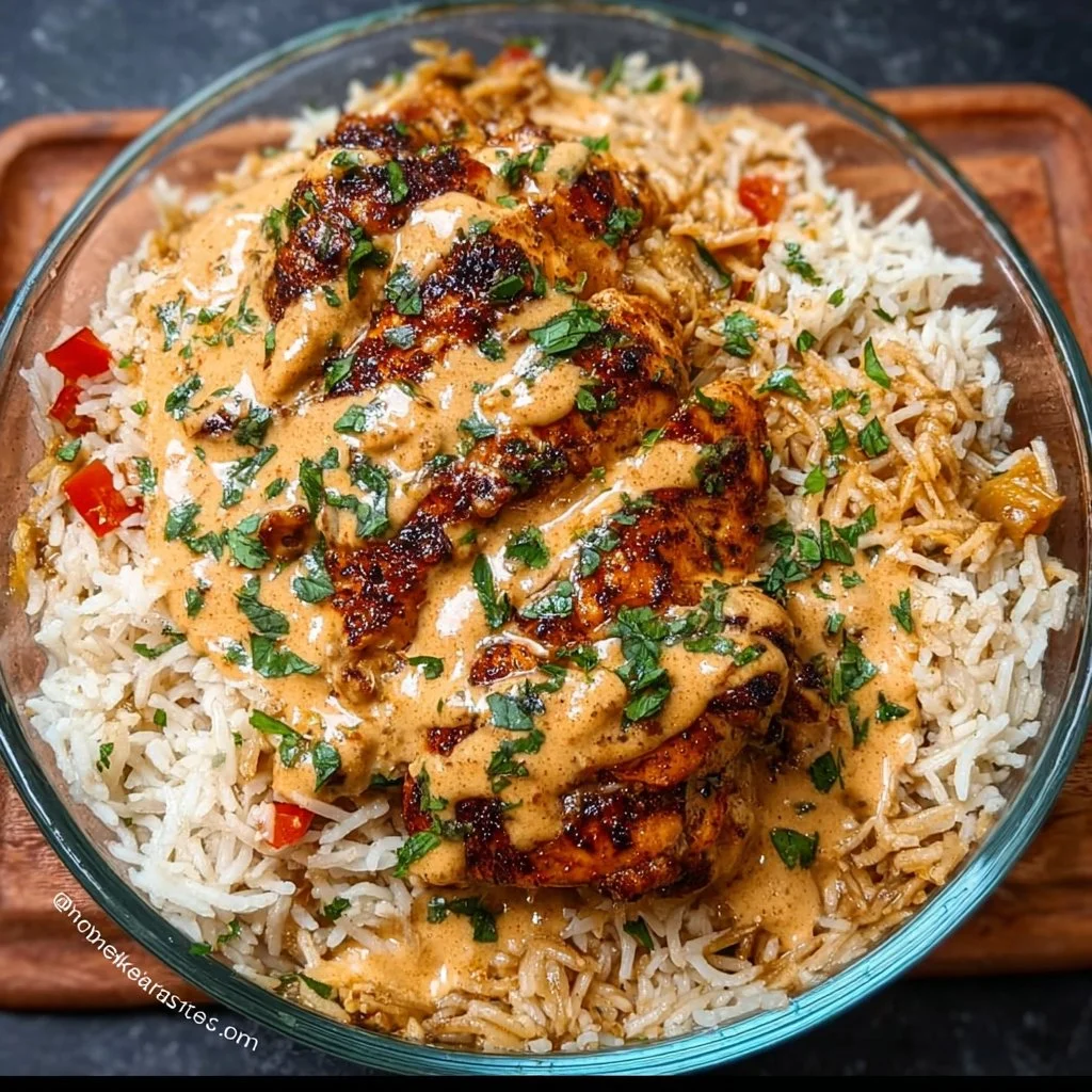 Creamy Cajun Chicken & Rice served in a bowl, garnished with green herbs.