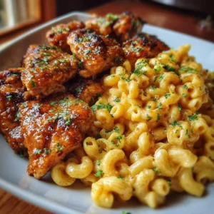 Plate of high-protein honey garlic butter chicken with mac and cheese