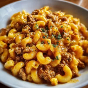 Homemade Hamburger Helper cooked in a skillet with ground beef and pasta.