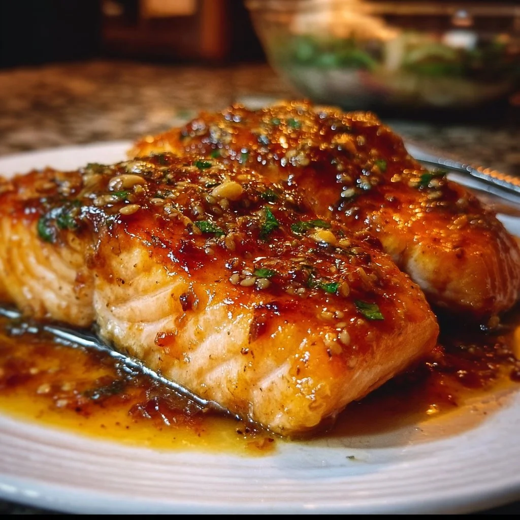 Honey Garlic Baked Salmon on a plate garnished with herbs