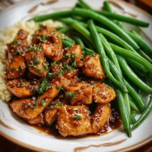Honey Garlic Chicken served with green beans on a plate