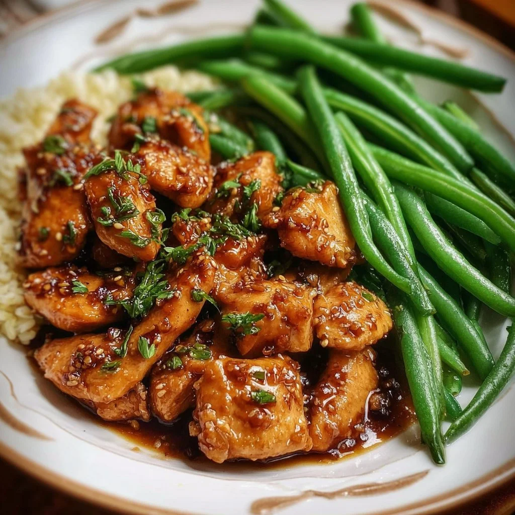 Honey Garlic Chicken served with green beans on a plate