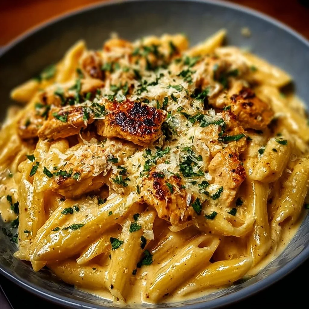 A delicious plate of Garlic Butter Chicken Penne with creamy three-cheese sauce.