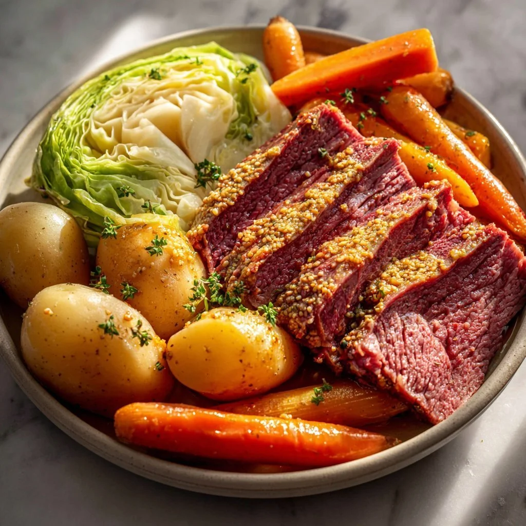 Delicious Instant Pot corned beef served with cabbage and carrots on a plate
