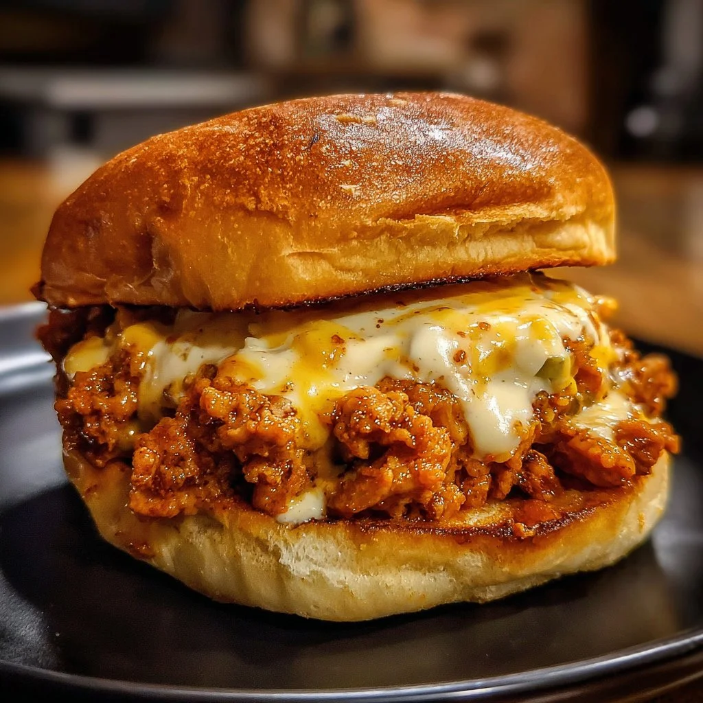Delicious Cajun Chicken Sloppy Joes with creamy cheese sauce on a toasted bun