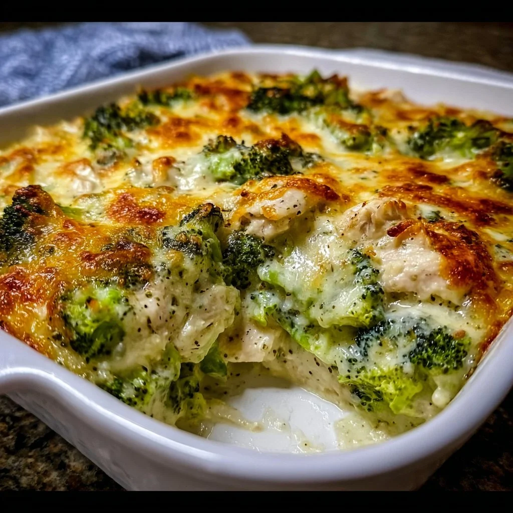 Keto Chicken Alfredo Broccoli Bake with creamy sauce and broccoli