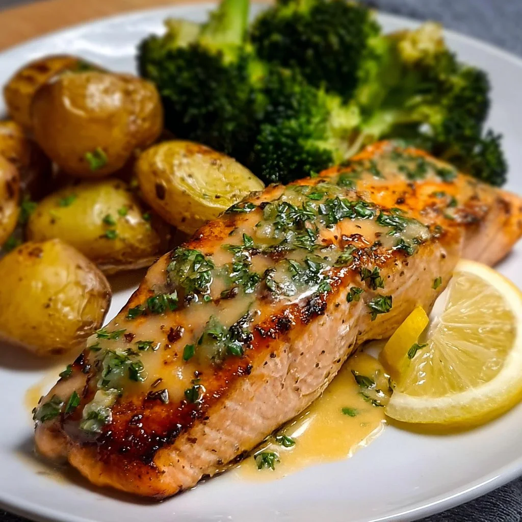 Lemon Butter Salmon with Crispy Potatoes and Broccoli 1 Lemon butter salmon served with crispy potatoes and steamed broccoli on a plate.