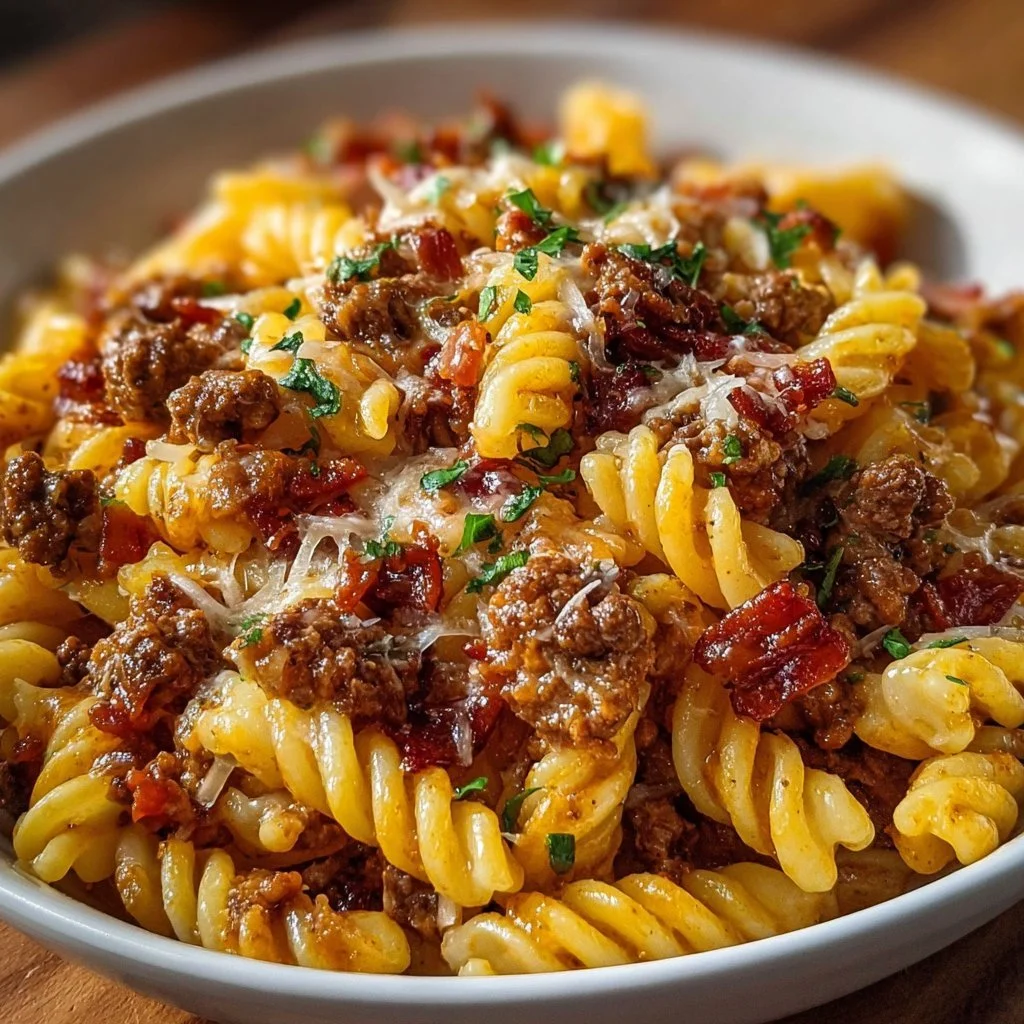 Delicious loaded bacon cheeseburger pasta served in a bowl.